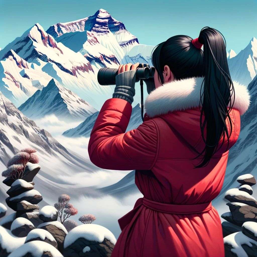 someone gazing at Mount Everest, digital art, depth effects